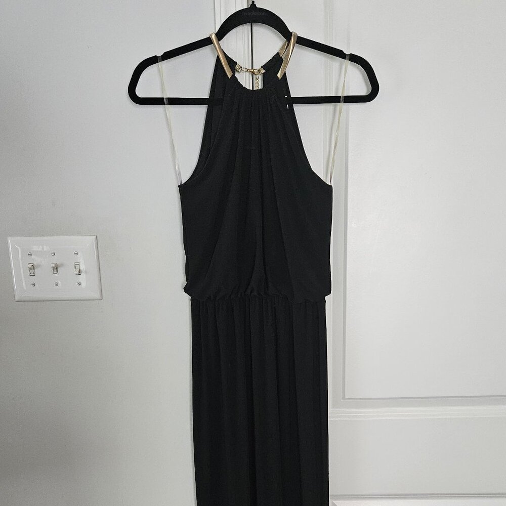 Floor Length Black Formal Dress w/ Gold Elastic Necklace Neckline Size S